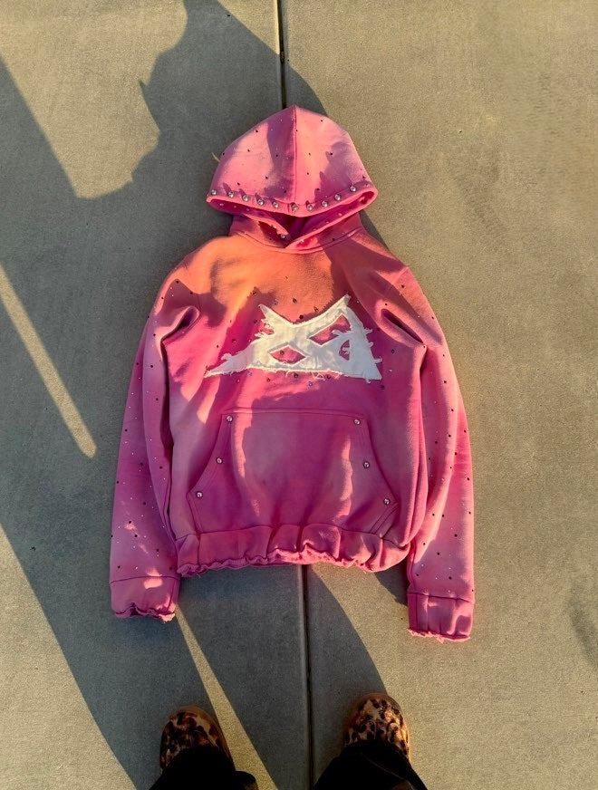 1way- Pink Sun-Faded Heavy Rhinestone Hoodie