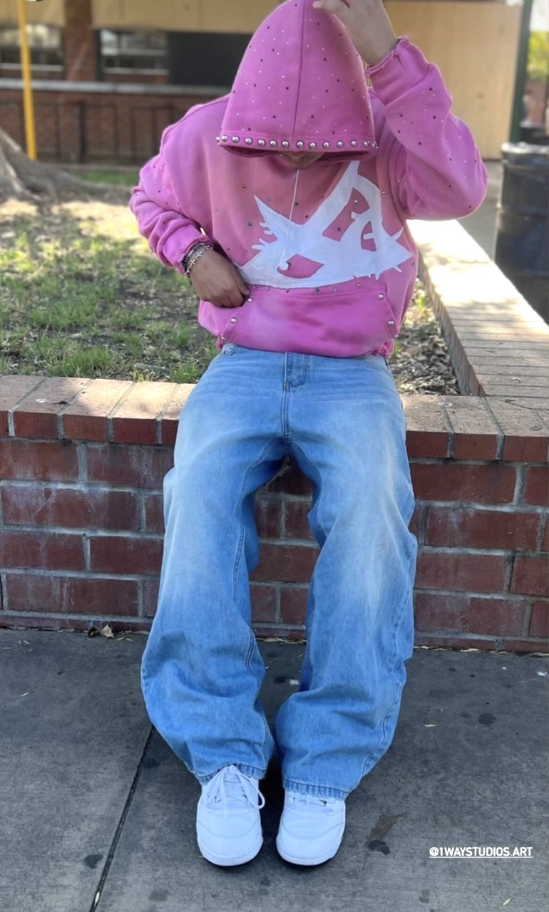 1way- Pink Sun-Faded Heavy Rhinestone Hoodie