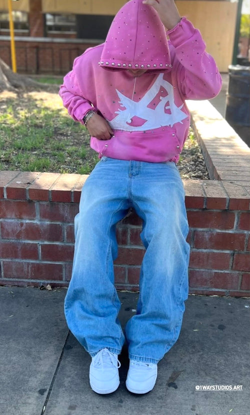 1way- Pink Sun-Faded Heavy Rhinestone Hoodie